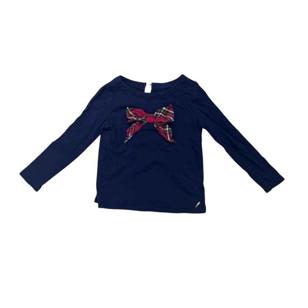 Crown & Ivy Kids blue long sleeve top with red plaid bow Size 4 k39